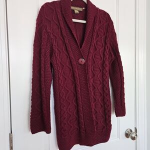 Inis Crafts Women M Deep RED Cable Knit 100% Merino Wool Cardigan workwear Irish